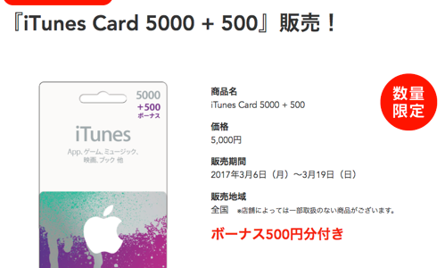 【数量限定】セブンイレブン、iTunesカードが今だけ500円分のボーナス付き！